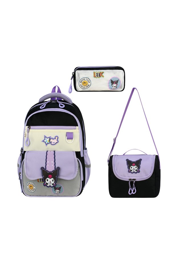 Kuromi Character Set of 3 Primary School Bags, Thermal Lunch Bag and Pencil Case Set