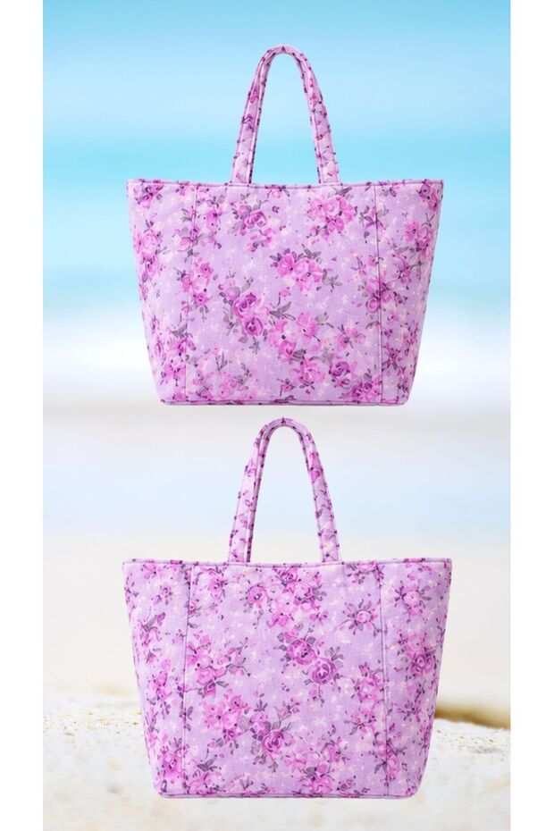 Lilac Floral Patterned Towel Fabric Beach Bag 55X35 cm Waterproof Lined Large Size Women's Shoulder Bag