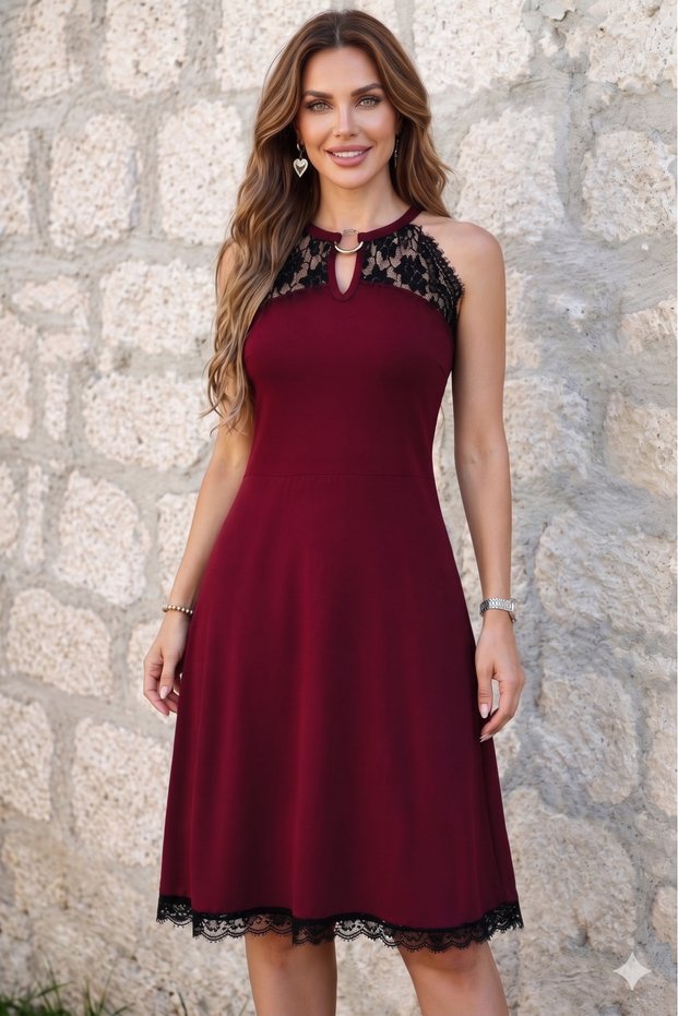 New Season Women's Off-The-Shoulder Lace Midi Viscose Dress with Ring Accessory Detail