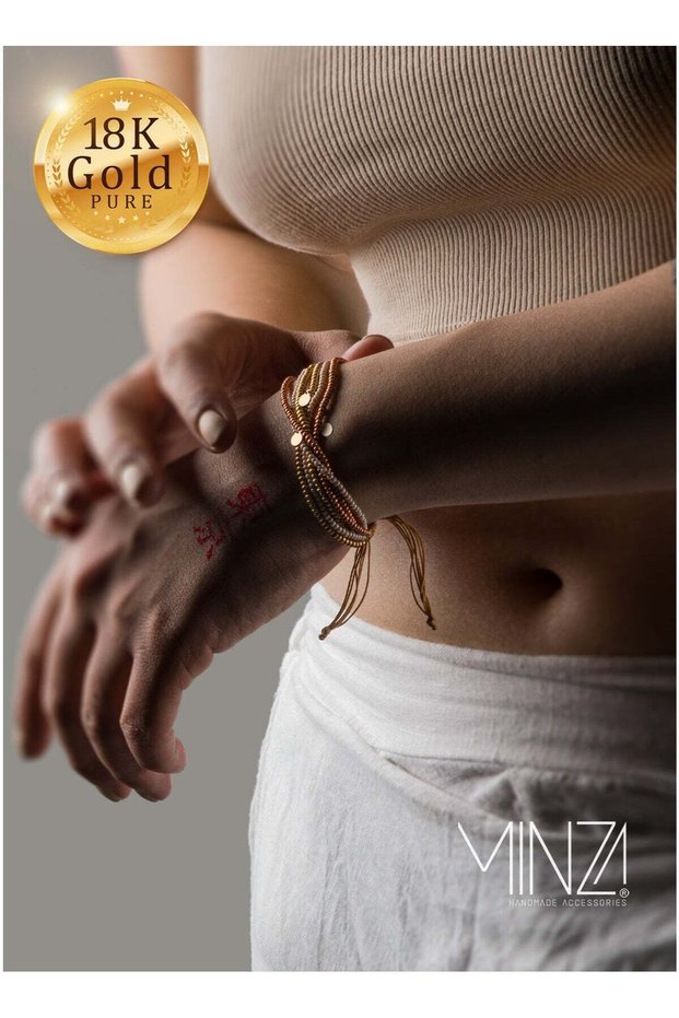 “Copper” Women’s Bracelet, 18K Yellow Gold (0.360g) & Czech Seed Beads, Handmade Adjustable