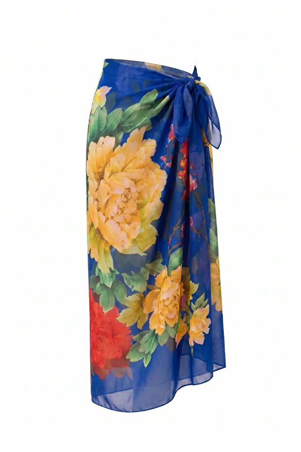 Women's Navy Blue Patterned Silky Textured Imported Chiffon Pareo Hzl26-Lc000