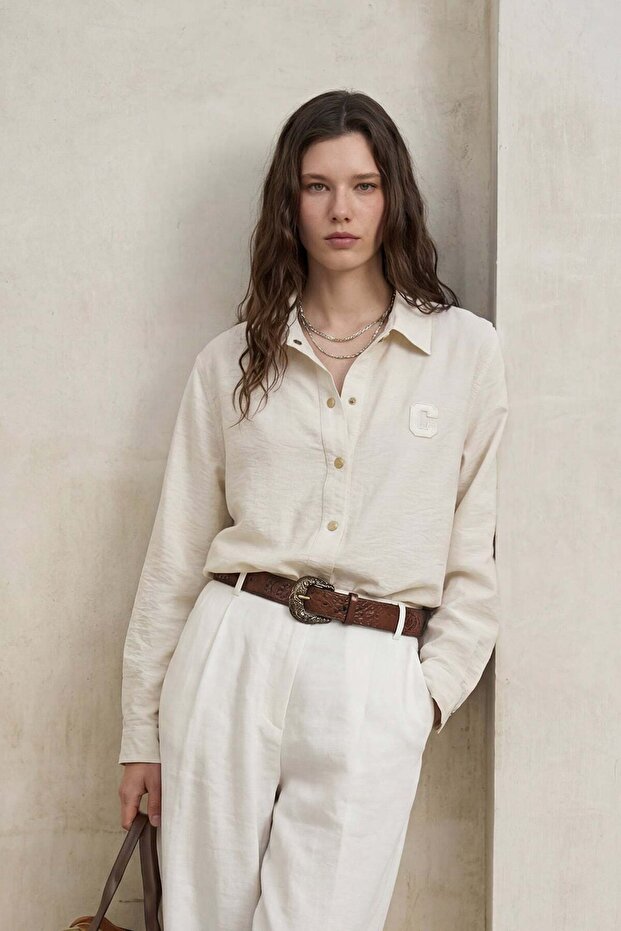 Parachute Fabric Letter Detailed Buttoned Oversize Women's Shirt