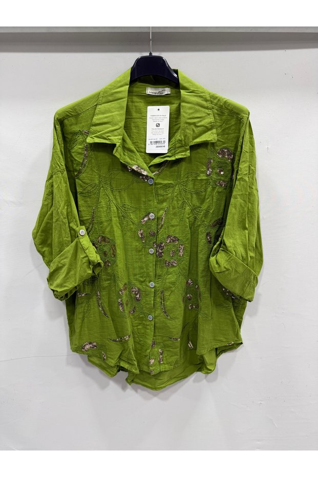 Women's Apple Green Italian Large Size Floral Embroidery Sequin Embroidered Foldable Long Sleeve Shirt 42 - 48 Size