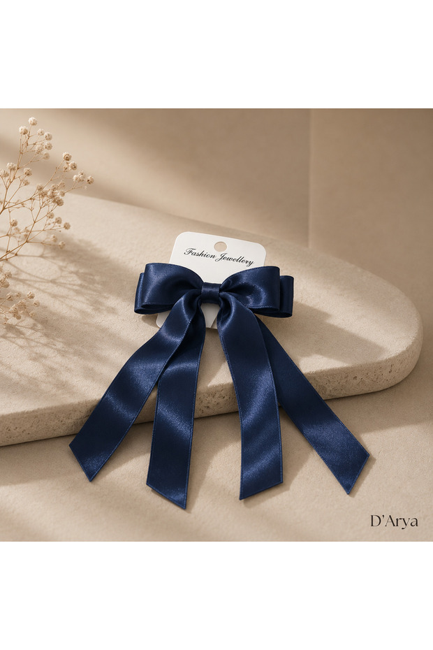 D’Arya Navy Blue Satin Long Ribbon Big Bow Hair Clip – Girls' Young Girls Dd806