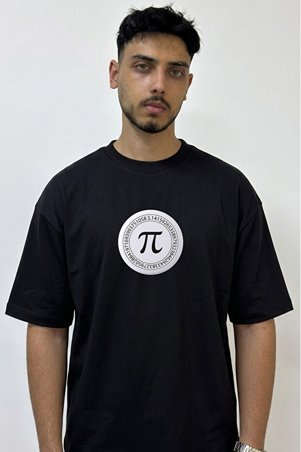 Pi Symbol Design Printed Oversize Black T-Shirt
