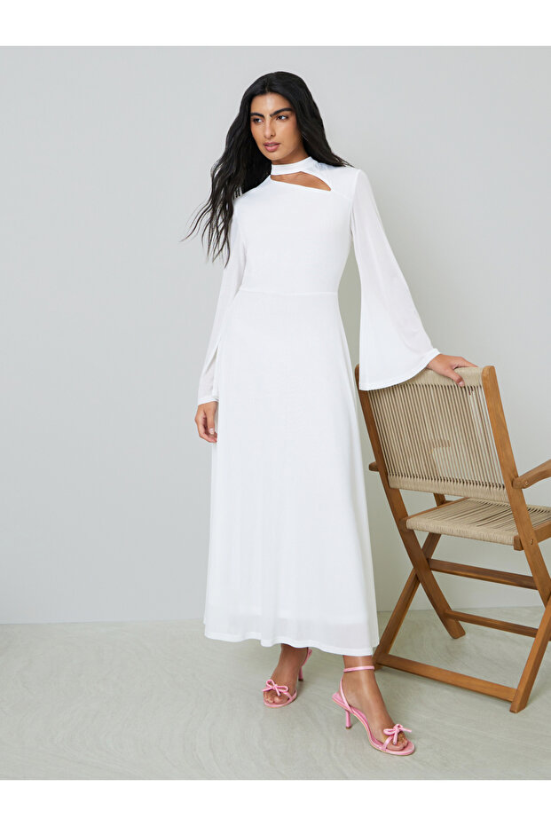 Off White Bell Sleeve Cut-Out Detail A-Line Maxi Dress