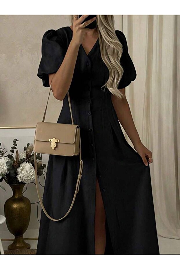 Linen Fabric Balloon Sleeve Button Detailed Maxi Dress