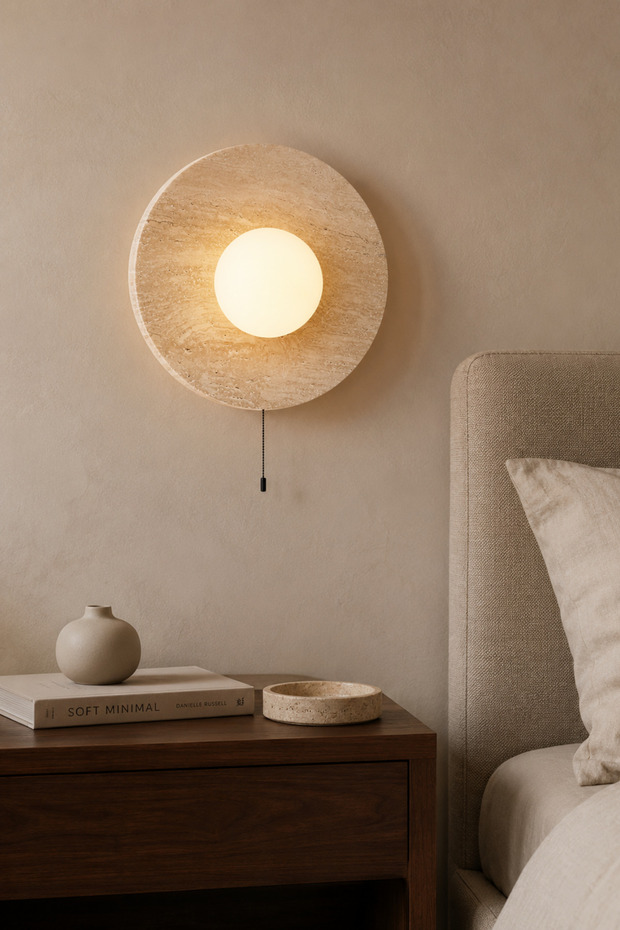 Tor Nun B Travertine Marble Opal Glass Globe Wall Sconce G9 Bulb Included Modern Lamp with Chain Switch