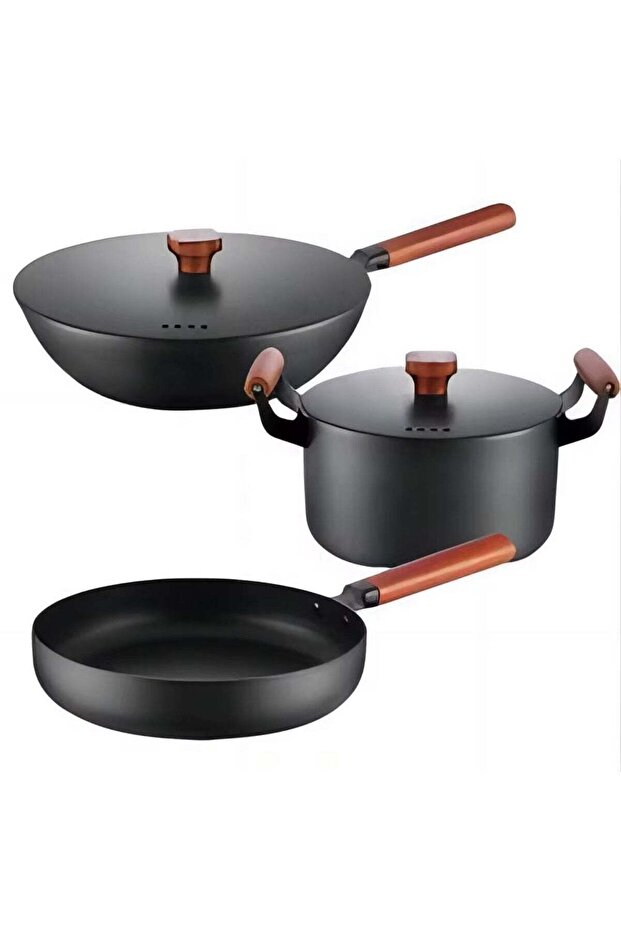 Non-Stick Cast Iron Cookware and Frying Pan Set 5-Piece with Stock Pot, Wok, Frying Pan