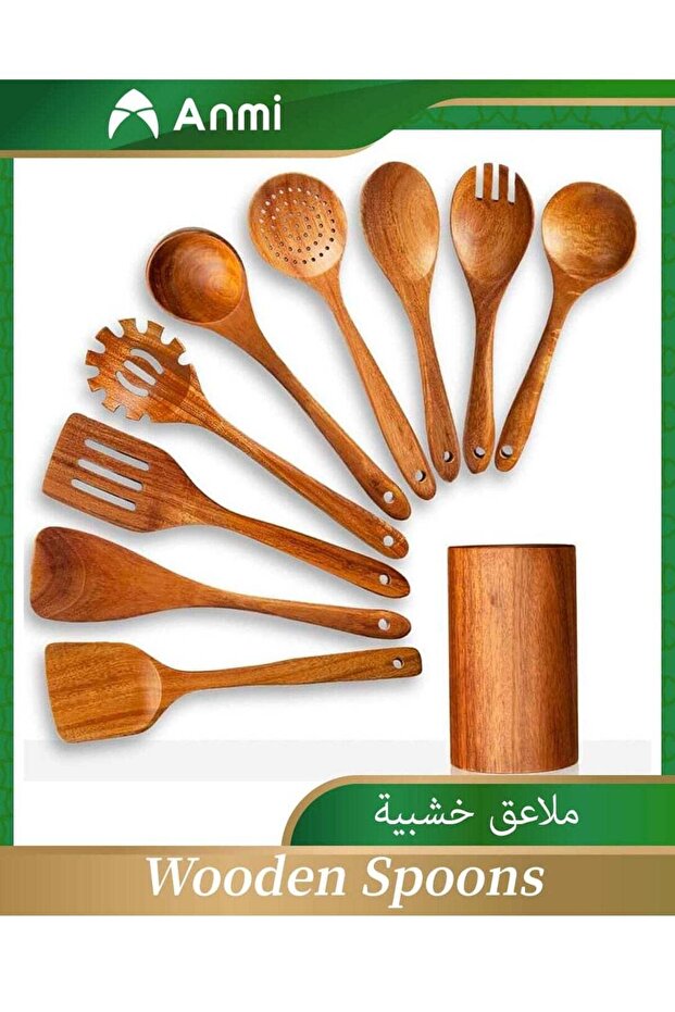 10 PCS Wooden Kitchen Utensils Set, Teak Wood Cooking Tools with Spatula Spoons Fork, Premium Quality Bakeware & Cookware