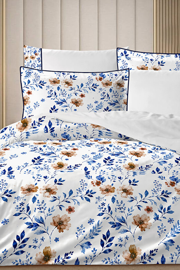 4 Pillows 100% Cotton Percale Duvet Cover Set Double Size-Premium Special Production Blue Brown