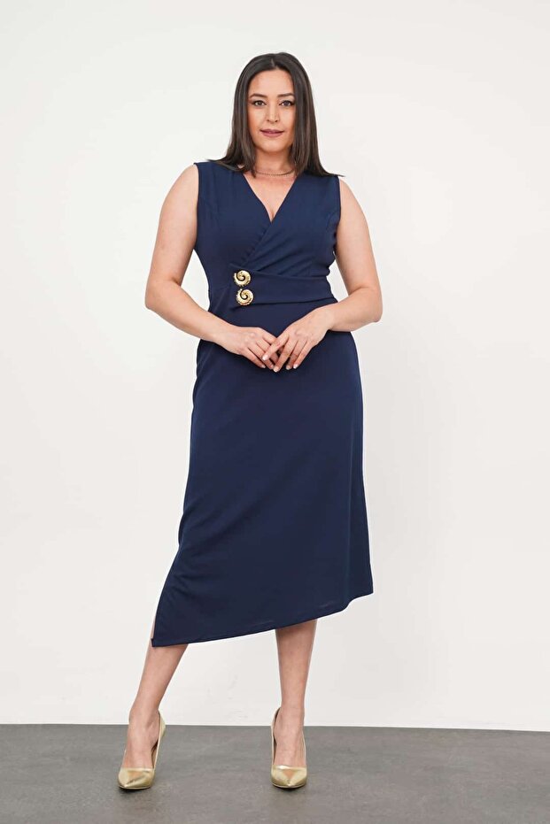 Women's navy blue sleeveless button detail plus size evening dress