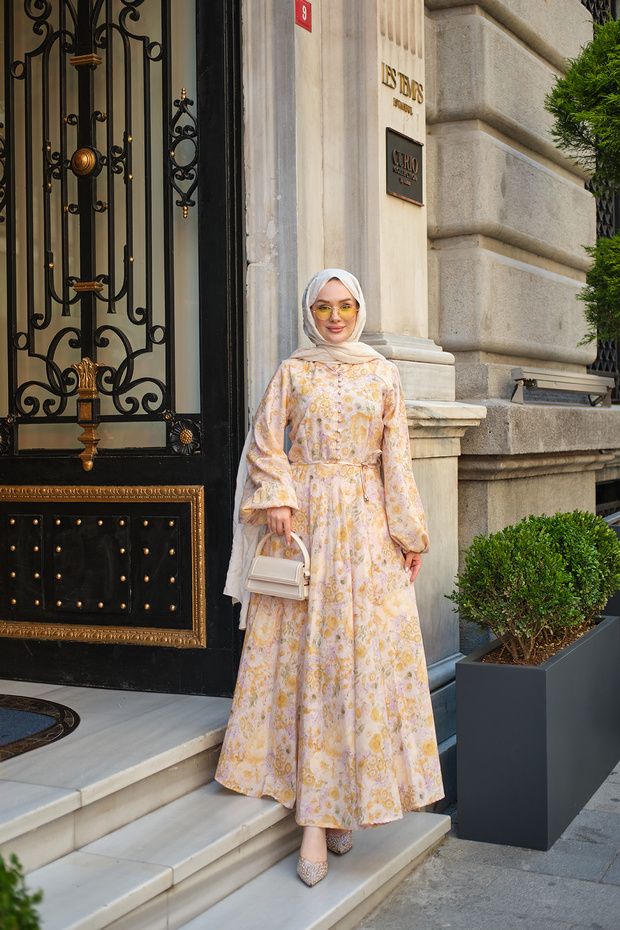Women's Floral Patterned Buttoned and Waist-Tied Dress Yellow