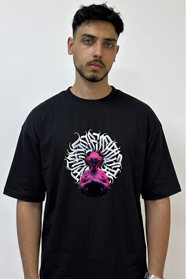 Neon Sculpture Calligraphy Design Printed Oversize Black T-Shirt