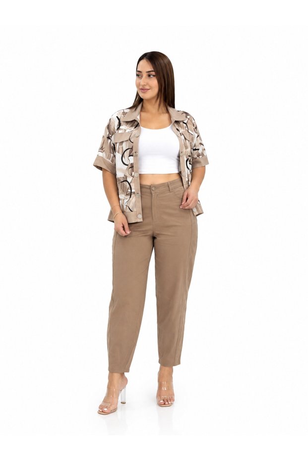 Plus Size Elastic Waist Belted Pocketed Lycra Mom Women's Trousers