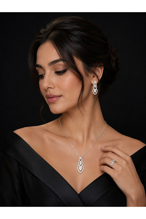 Silver Color Chain with Zircon Ring and Earring