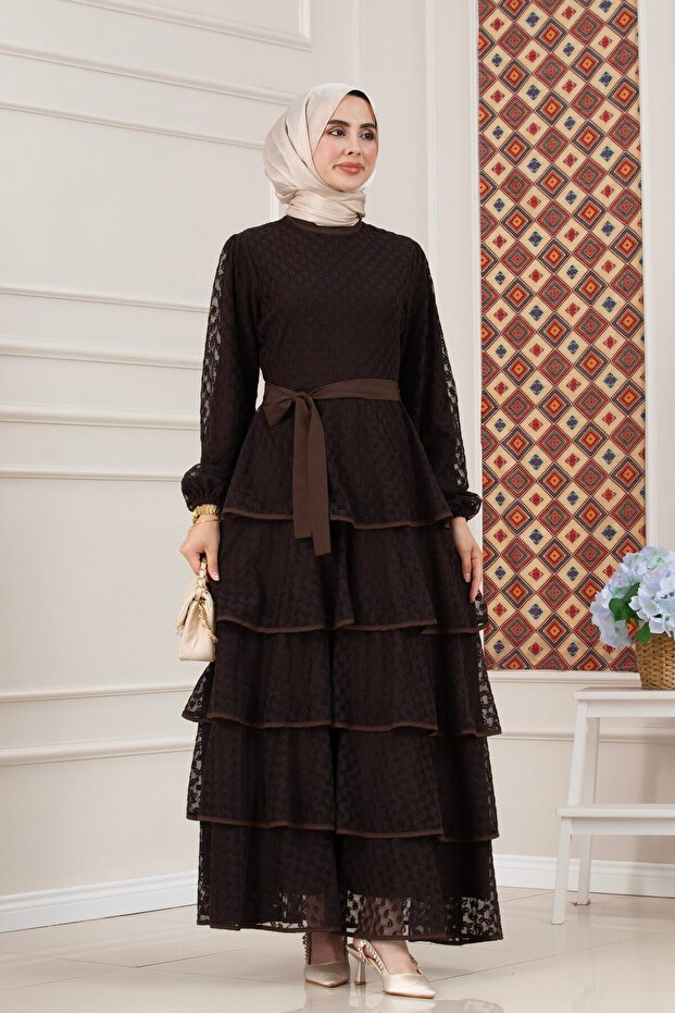 Layered Lace Elisa Hijab Dress-Brown