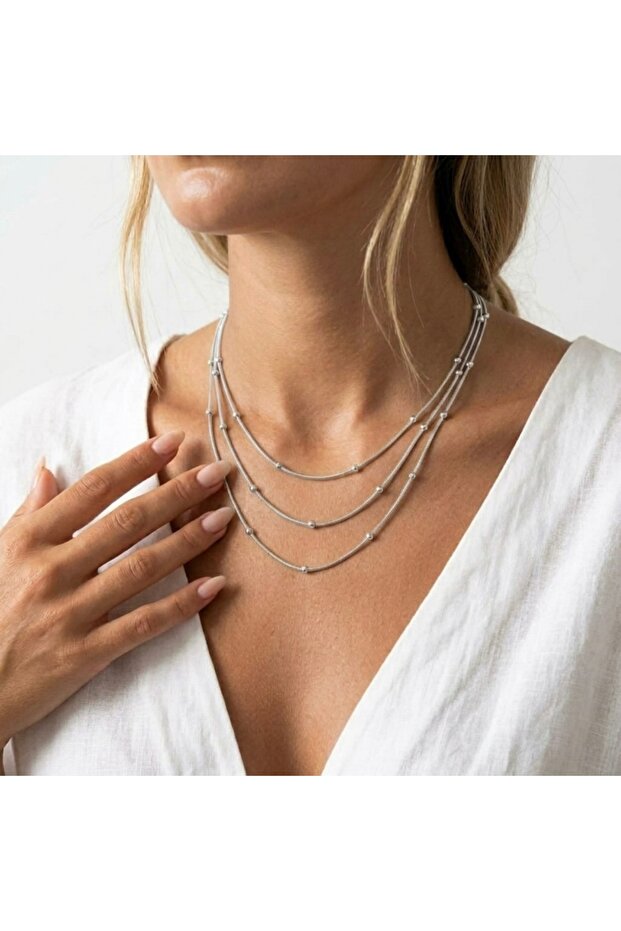 Three Layer Snake Chain Beaded Silver Ready-To-Wear Layering Necklace