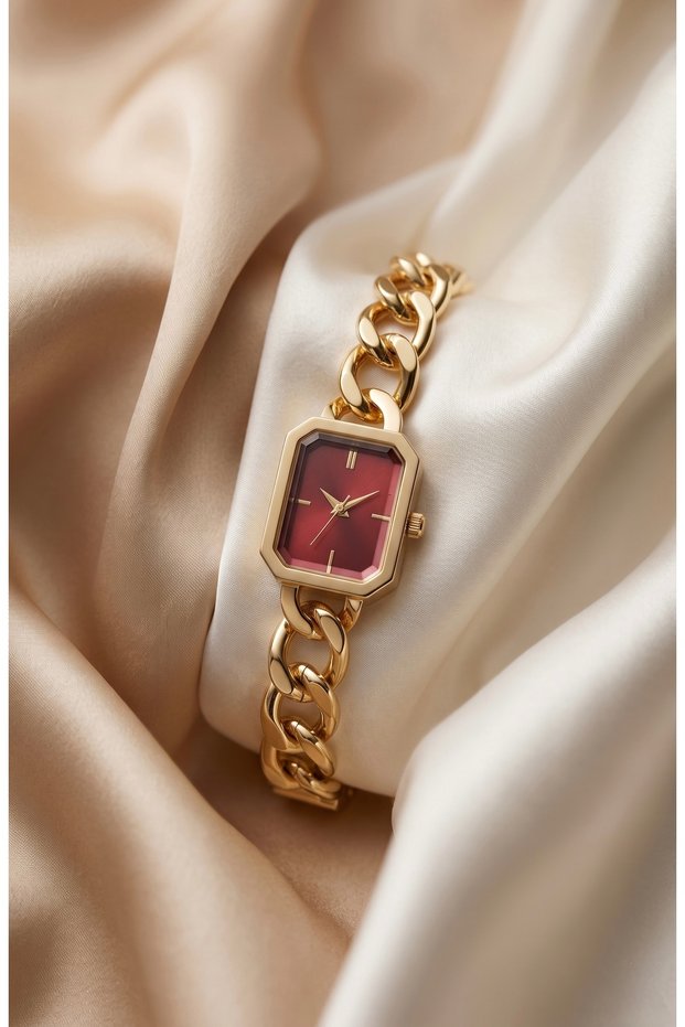 Luna Women's Steel Watch Gold Color & Burgundy Dial Vintage Old Money Luxury Rectangular Case Women's Wristwatch | Limited Edition 2026