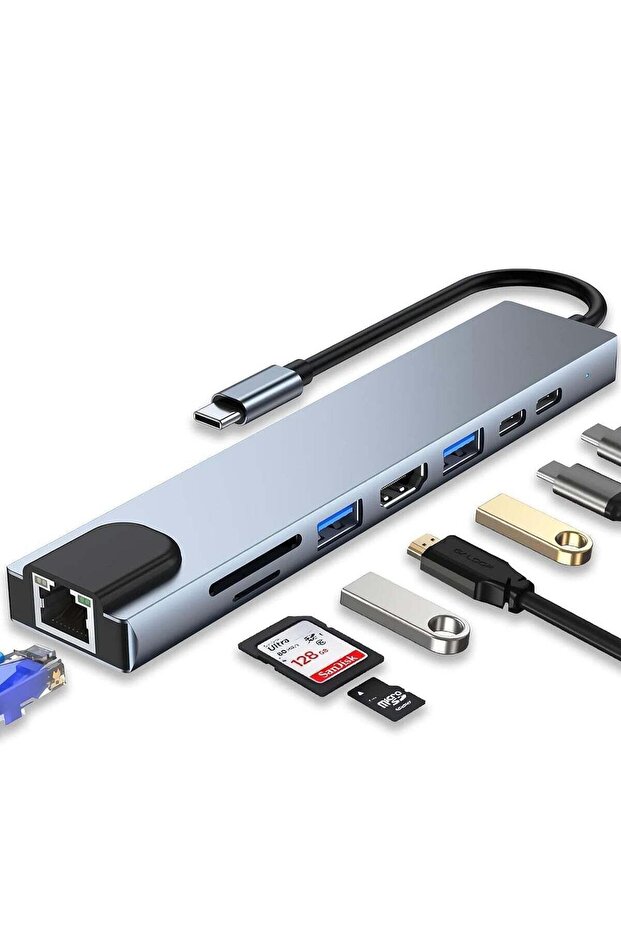 USB C Hub 8-in-1 Docking Station with 4K HDMI, 100W PD, USB 3.0, Ethernet, SD/TF