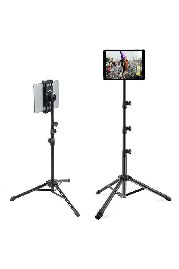 Tripod Stand Tablet Holder: Adjustable Height Foldable Phone Tripod for 4.7-12.9 Inch Devices