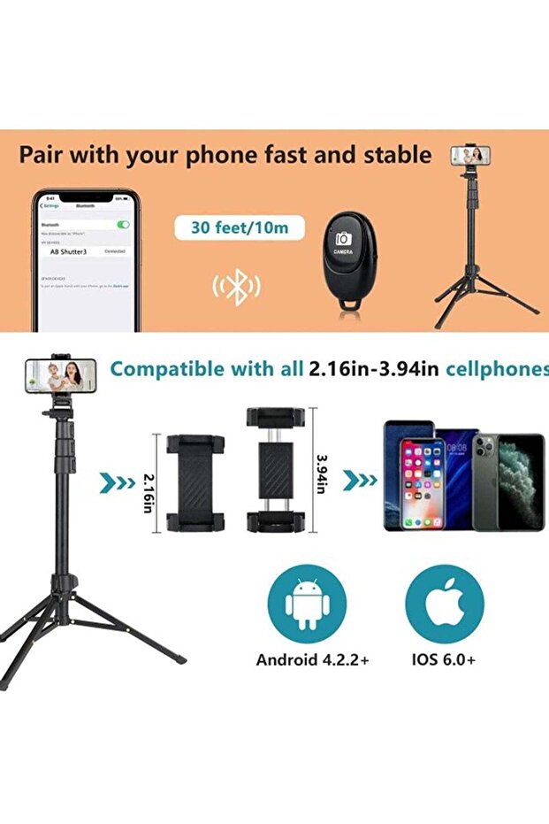 142cm Extendable Tripod Stand with Bluetooth Remote for iPhone, Android, Small Camera (Black) - 4