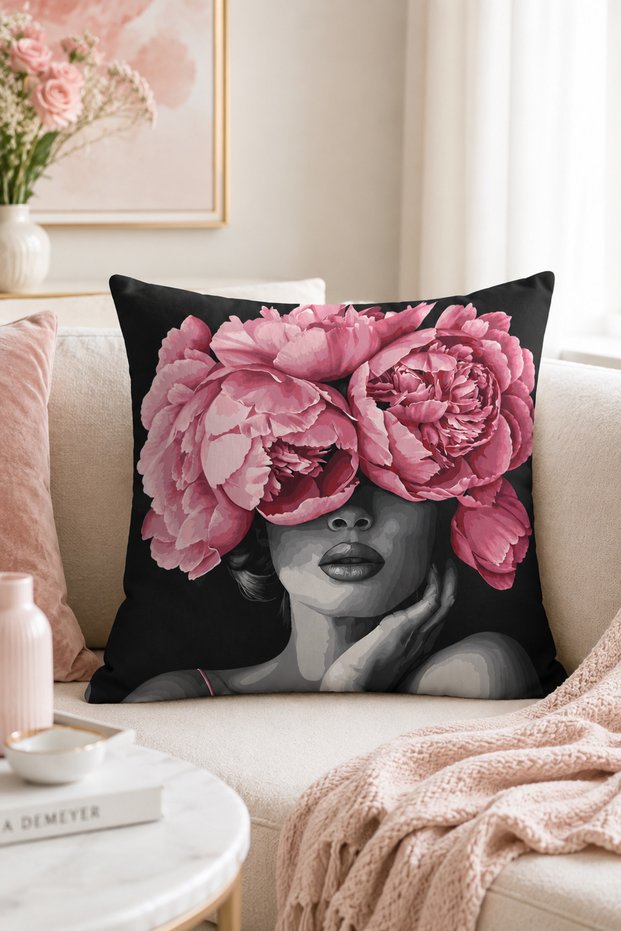 Black Background with Pink Flowers Women's Decorative Throw Pillow Cover Modern Bohemian Decor 43X43 cm