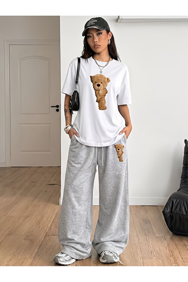 Unisex Teddy Bear Printed Oversize T-Shirt and Baggy Sweatpants - Summer Two-Piece Tracksuit Set