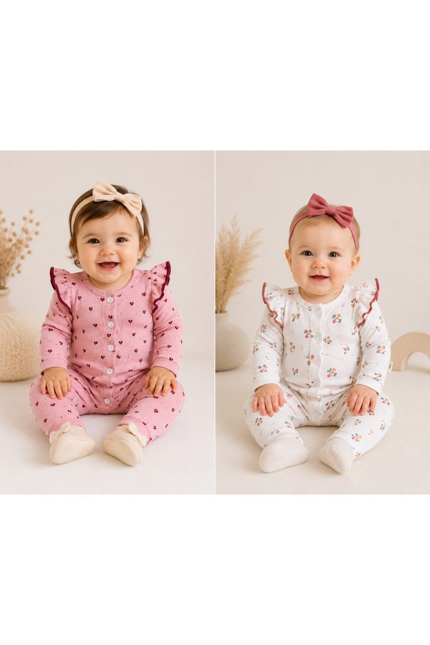 Premium Corduroy Ruffle Detailed Baby Girl Romper – Long Sleeve Soft Textured Casual Baby Romper