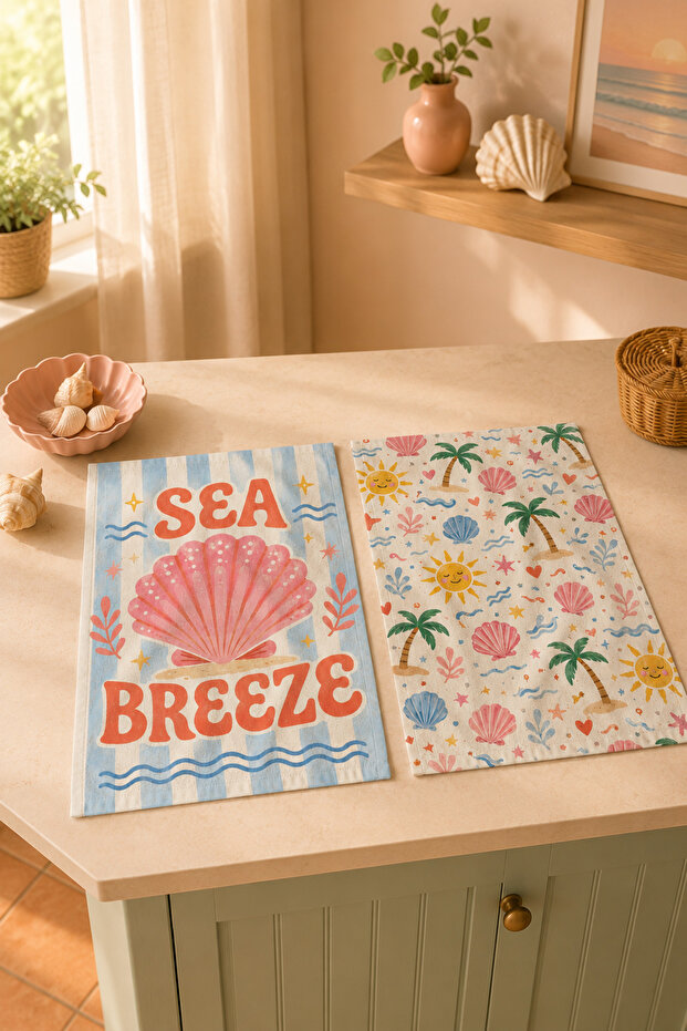 مجموعة مناشف المطبخ الحديثة ذات النمط الرجعي من Sea Breeze Sea Shell Summer Pastel، مكونة من قطعتين، مقاس 35x55