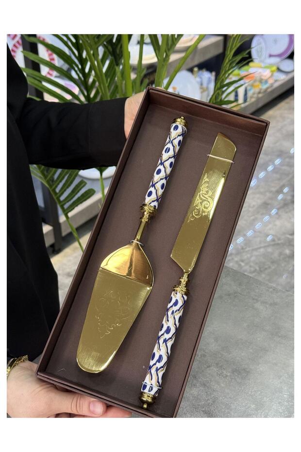 طقم تقديم الكيك بنمط ذهبي وأزرق P327.126978
