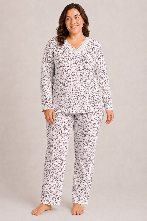 Mother's Pajama Set, Lace V-Neck, Long Sleeves, 100% Cotton, Red Floral