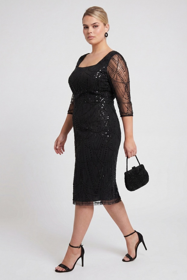 Women's Black Square Neck Beaded Plus Size Midi Evening Dress