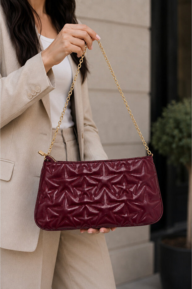 Star Embroidered Chain Strap Burgundy Women's Shoulder Bag