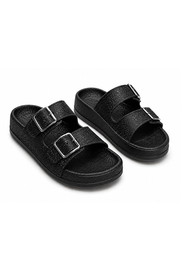 Women's Black Glittery Double Buckle Orthopedic Sole Daily Slippers - Non-Slip Slippers