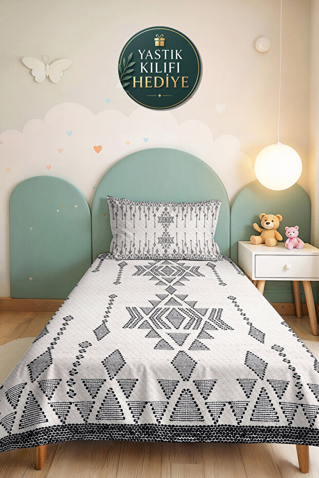 Bohemian Geometric White Single Pique Set - Ethnic Anthracite 160X220 cm Quilted Bedspread