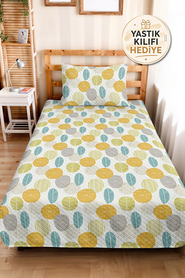 Geometric Leaf Yellow Young Room Single Pique Set-Turquoise Gray 160X220Cm Quilted Bedspread