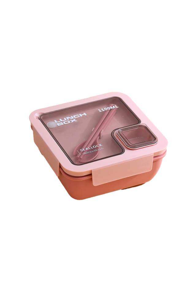 - Lunch Box With 2 Compartments, Spoon And Fork - Pink - 1100ml