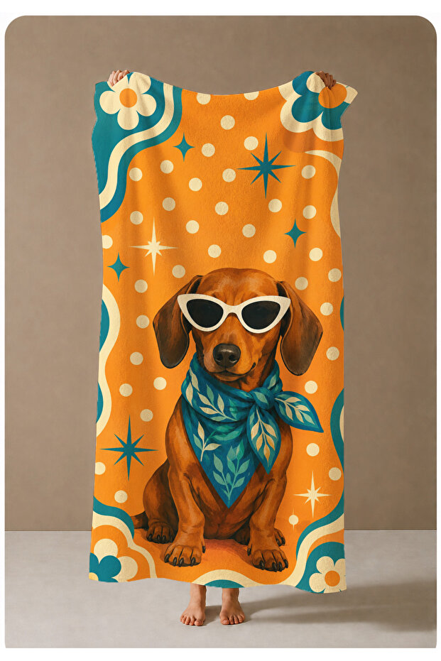Dog with Glasses Retro Orange Patterned 70X150 Beach Towel