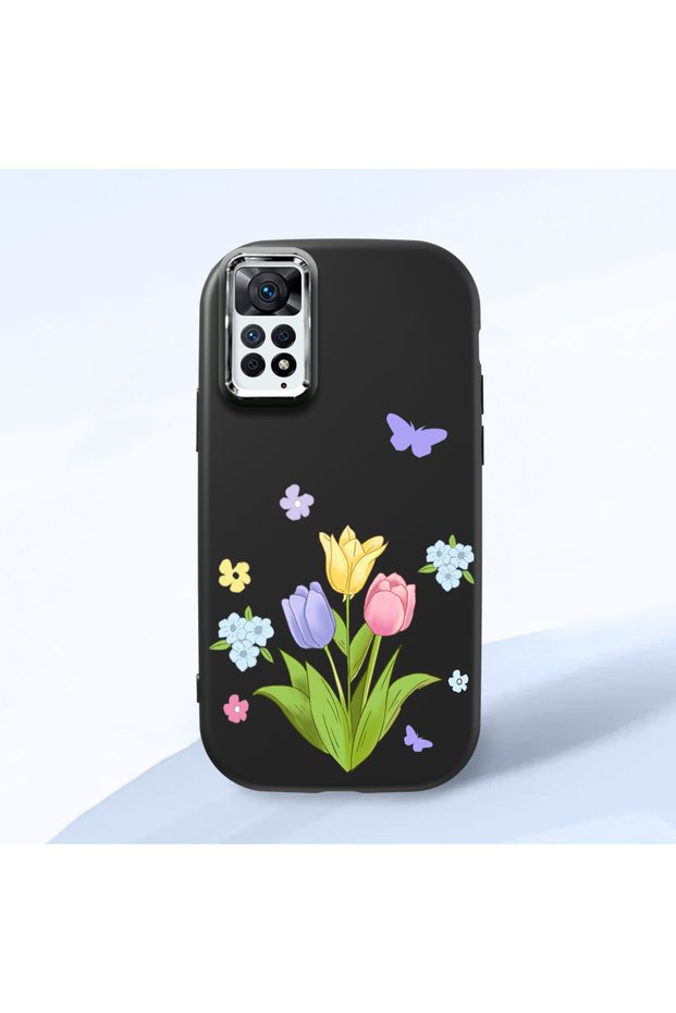 Redmi Note 11 Pro Compatible Case Camera Protector Black Silicone Couple Phone Case with Floral Pattern