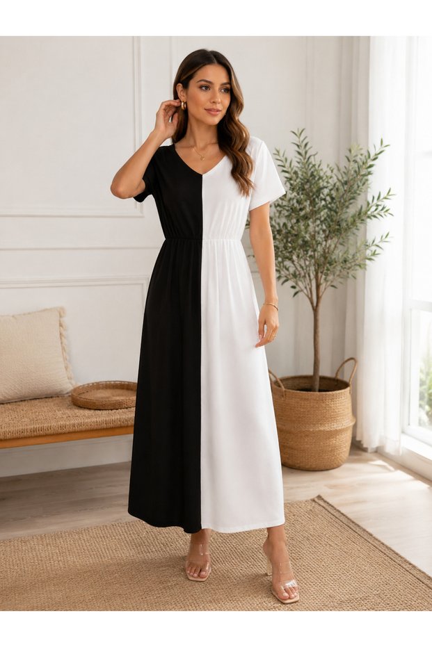 Summer Breeze Women's Black and White Color Block V-Neck Midi Viscose Dress
