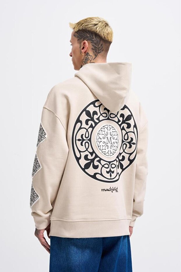 Men's Patched Ethnic Hooded Sweatshirt Light Beige