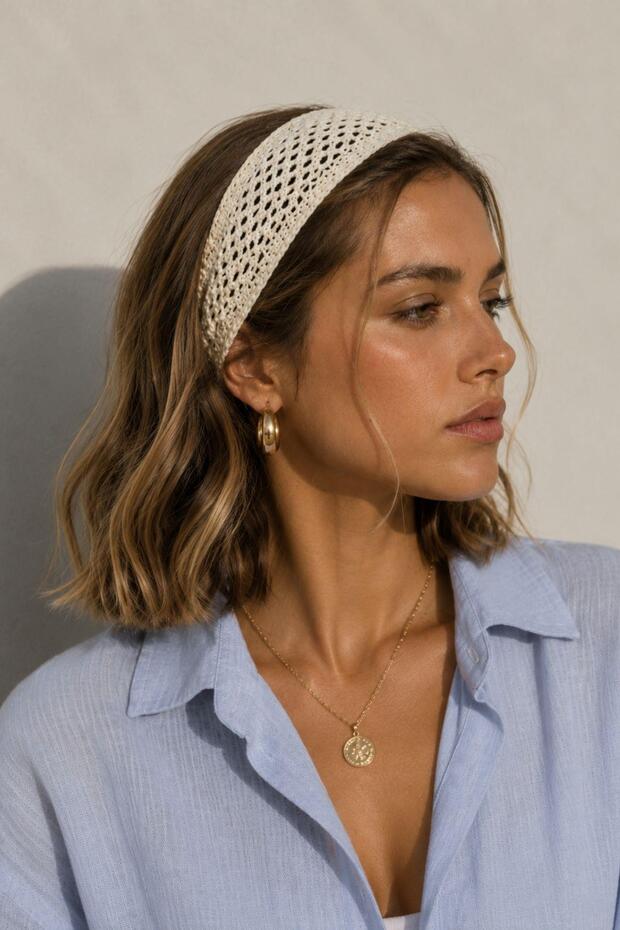 Women's Mesh Knitted Ecru Knitwear Hair Band