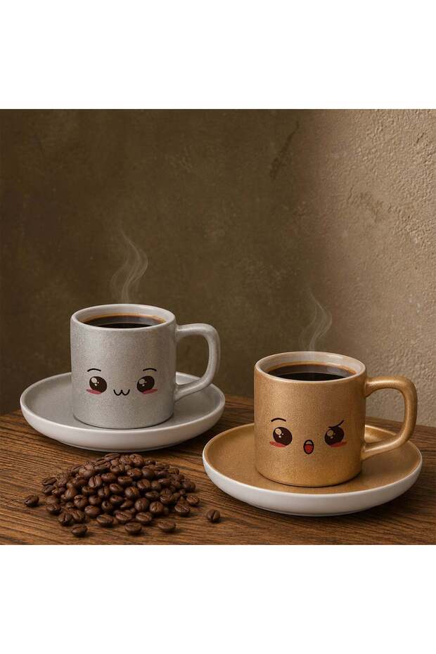 Set of 2 Silver and Gold Colored Emoji Face Design Ceramic Turkish Coffee Cups-8