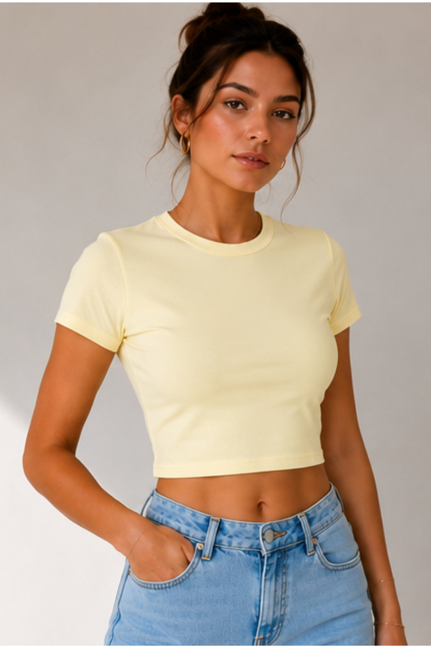 Women's Crew Neck Short Sleeve 100% Cotton Crop Blouse