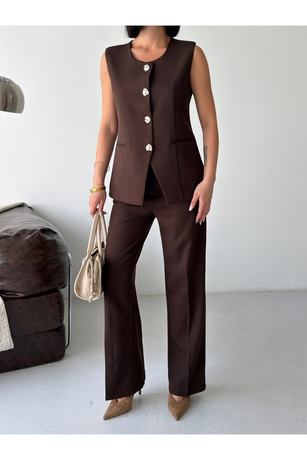 Women's Gold Button Detailed Vest and Trousers Two-Piece Set - Bitter Coffee