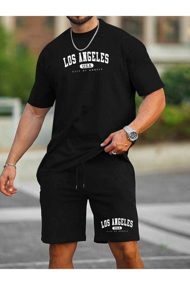 Los Angeles Printed Top and Bottom Shorts - T-Shirt Set