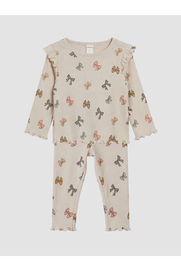 Lcw Baby Beige Bow Patterned Baby Girl Knitwear Set