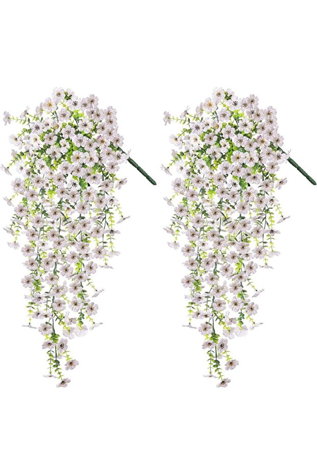 WHITE 2pcs Hanging Artificial Flowers Plants -Outdoors Spring Summer Decoration, Faux Hanging Flower