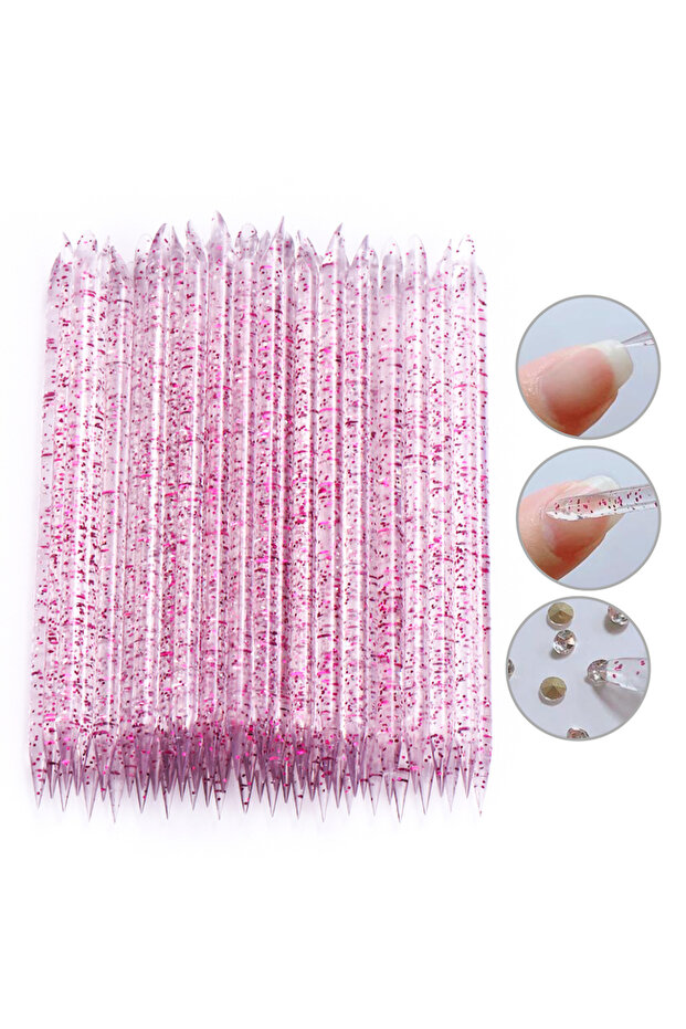 S283 Pink 50pcs Plastic Crystal Cuticle Pusher Sticks 95mm for Press On Nails False Nail Tips Fake G